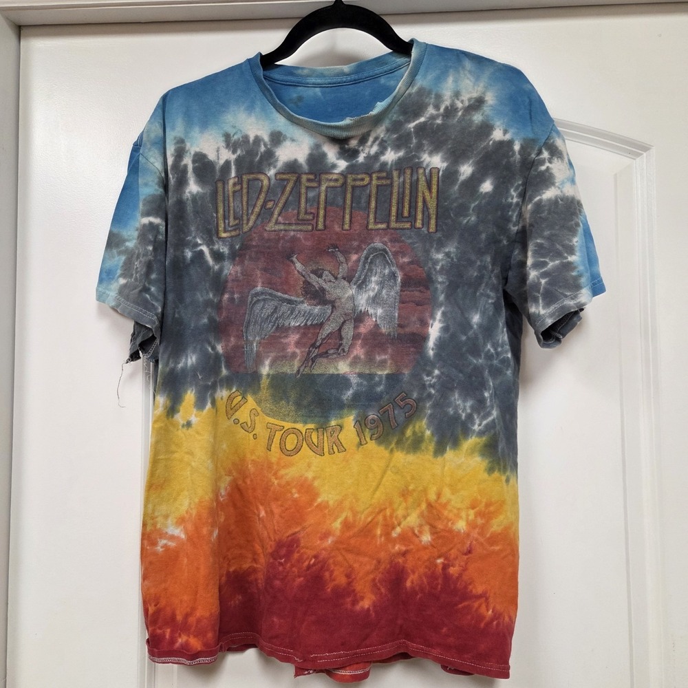 Led Zeppelin 1975 U.S. Tour Tie Dye Knit T-Shirt Distressed Thrashed Vintage Lg.